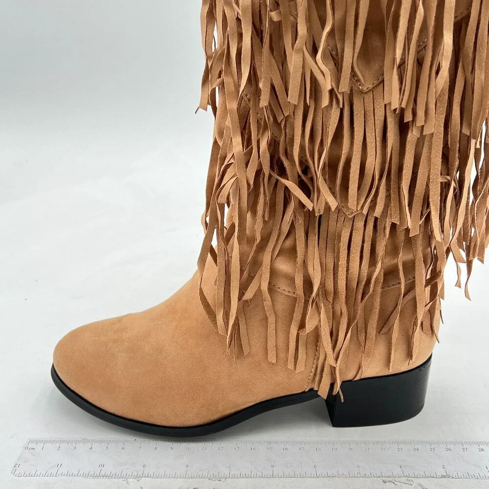 Light Brown Women Cowgirl Layer Fringe Tassel Knee High Long Boot Western Boots